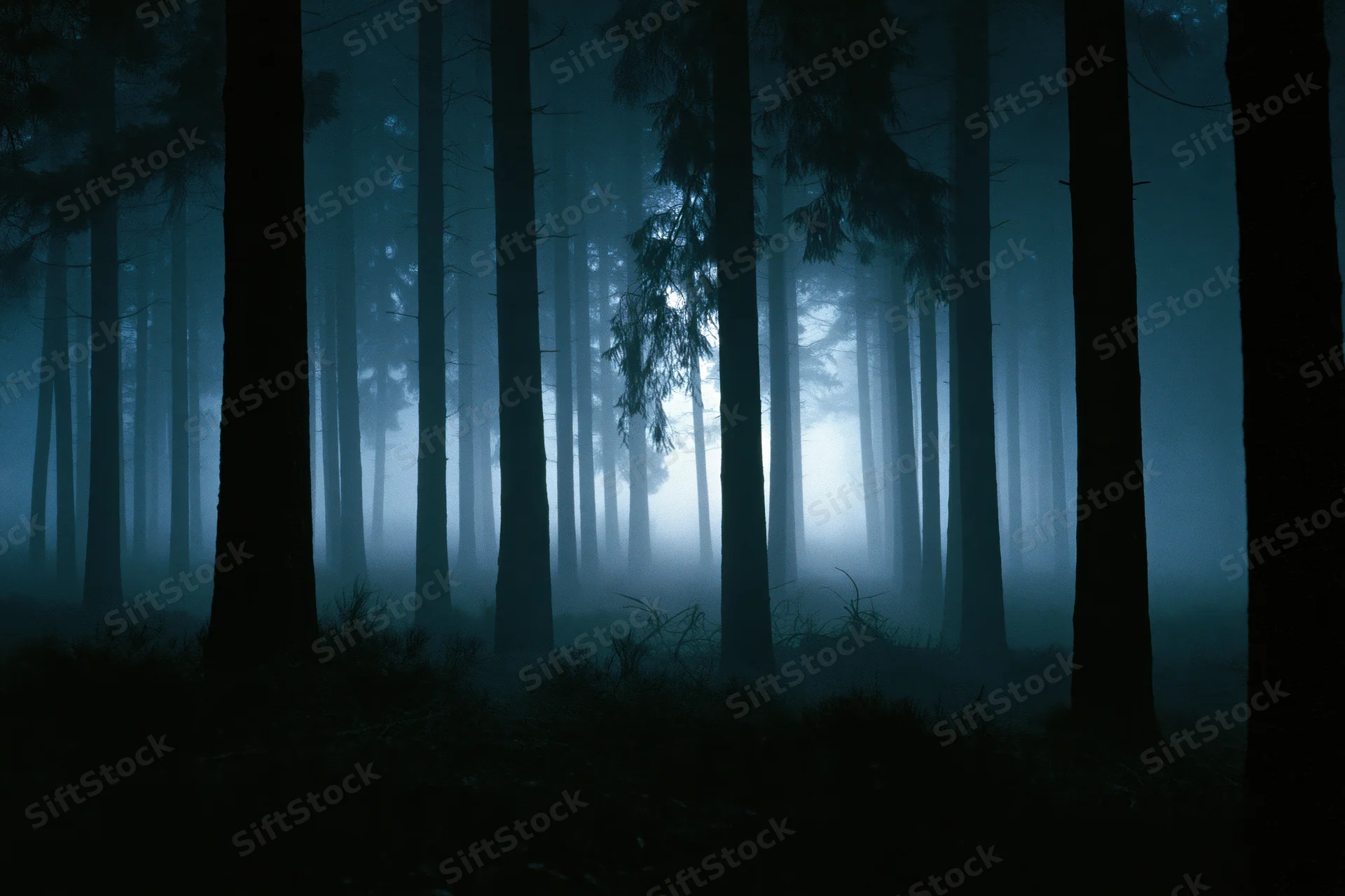Dense pine forest at night shrouded in thick ground fog with tall trees silhouetted against dim light