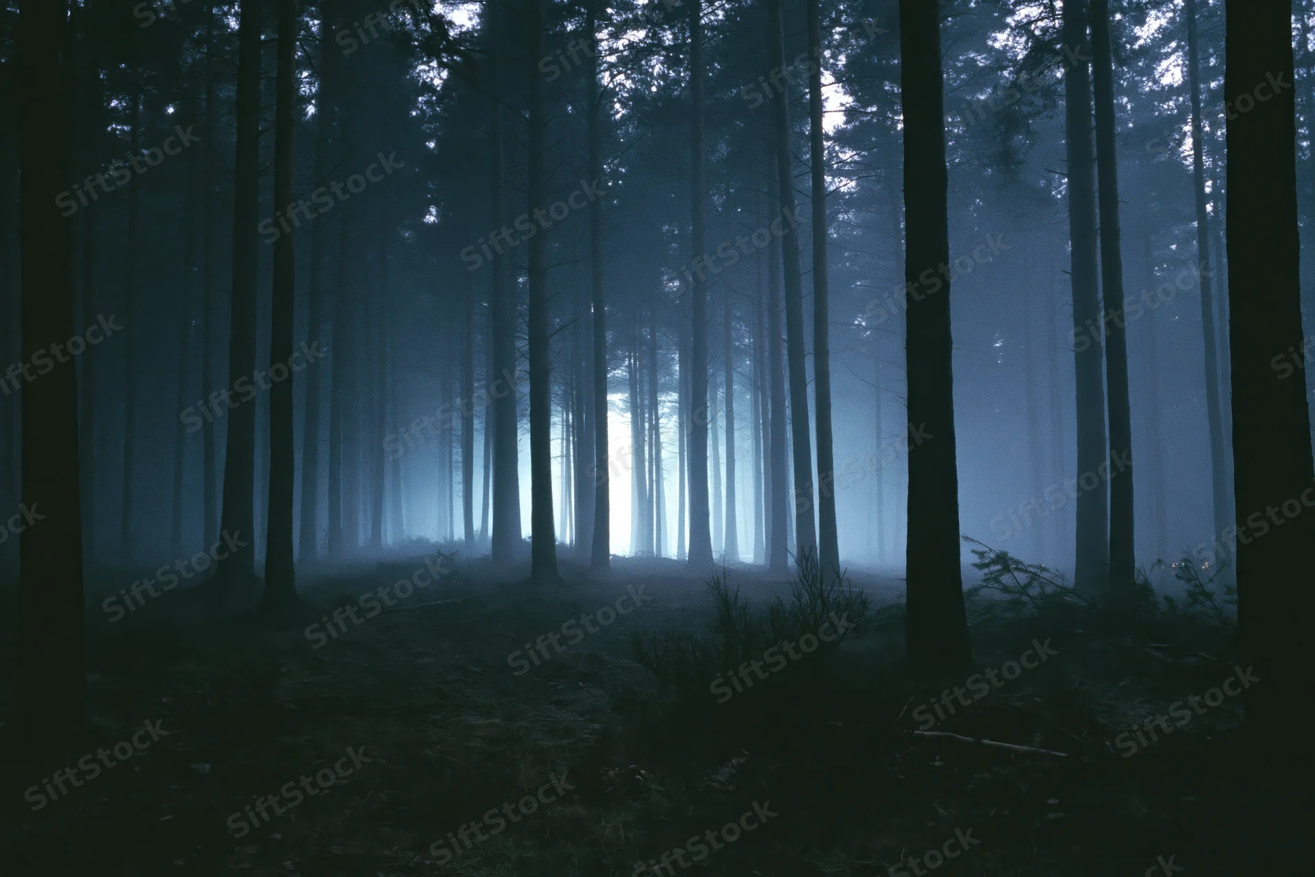 Dense pine forest at night shrouded in thick ground fog with tall trees silhouetted against dim light