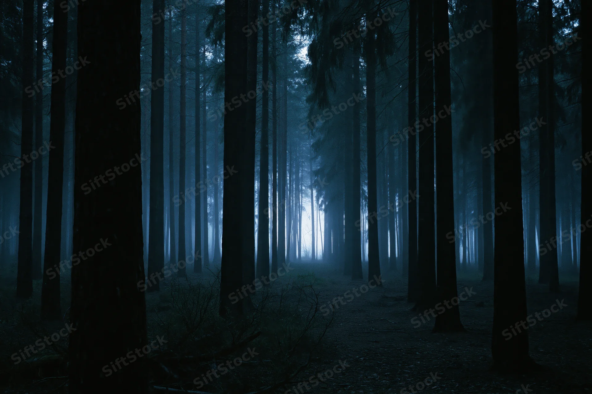 Dense pine forest at night shrouded in thick ground fog with tall trees and a dimly lit path through the mist