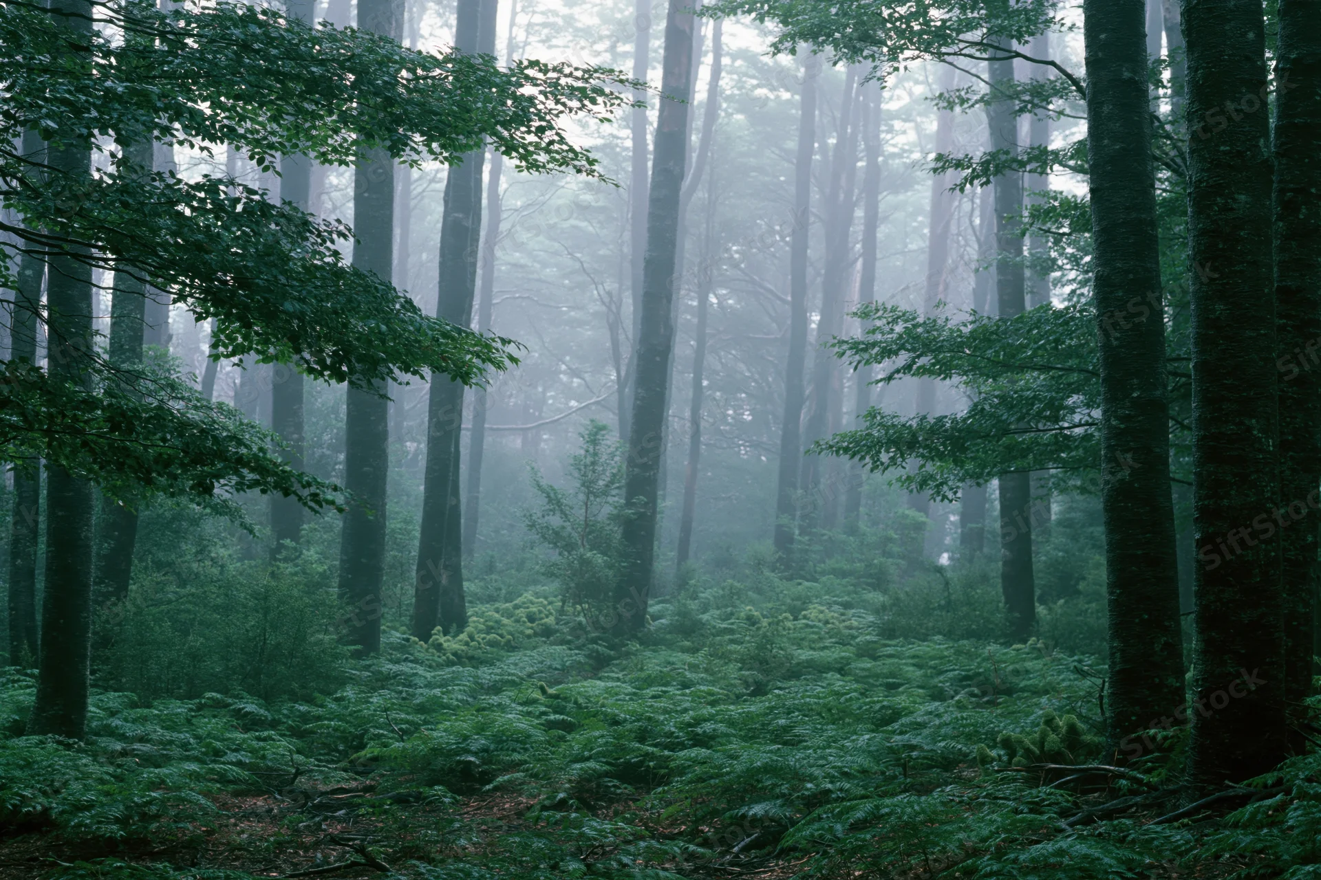 Dense temperate forest interior with tall beech trees and foggy morning atmosphere