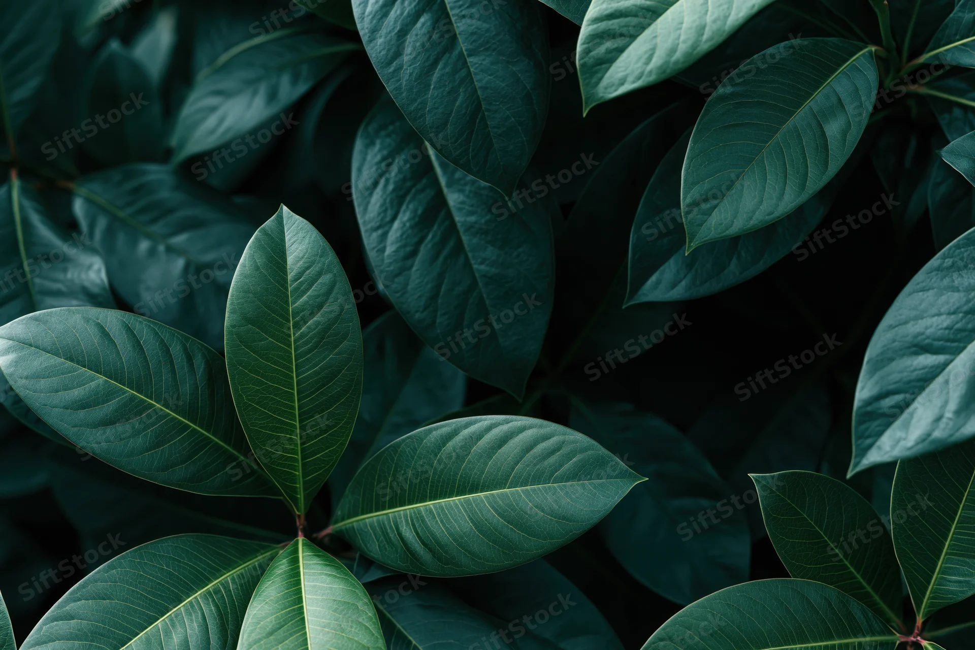 Dense tropical plant leaves overlapping in a lush green foliage closeup