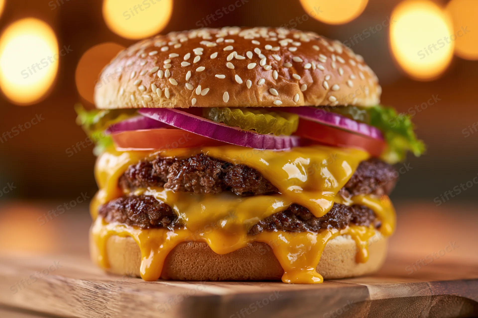Double cheeseburger with two beef patties and melted american cheese on sesame bun with vegetables on wooden board