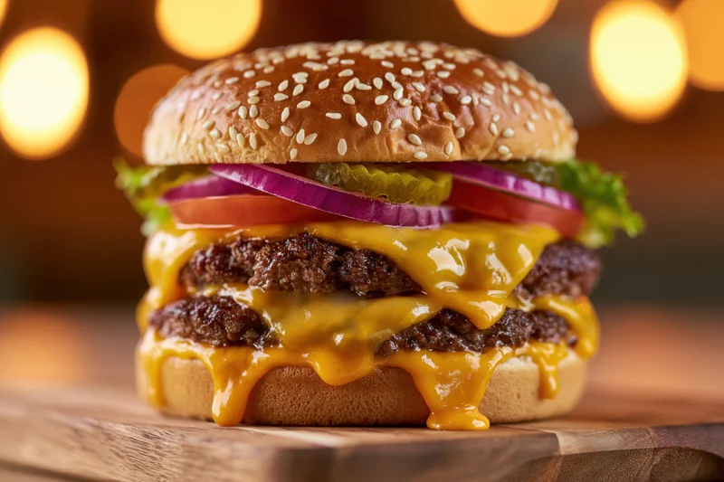 Double cheeseburger with two beef patties and melted american cheese on sesame bun with vegetables on wooden board