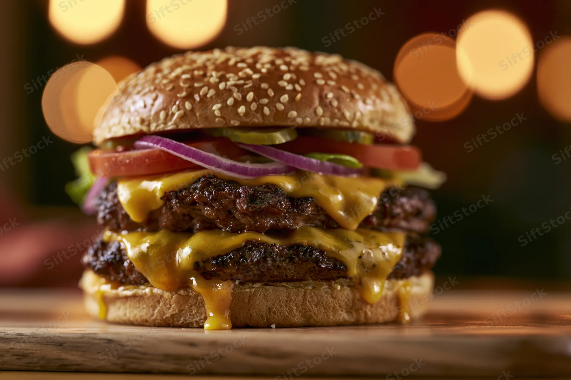 Double cheeseburger with two beef patties and melted american cheese on sesame bun with vegetables on wooden board