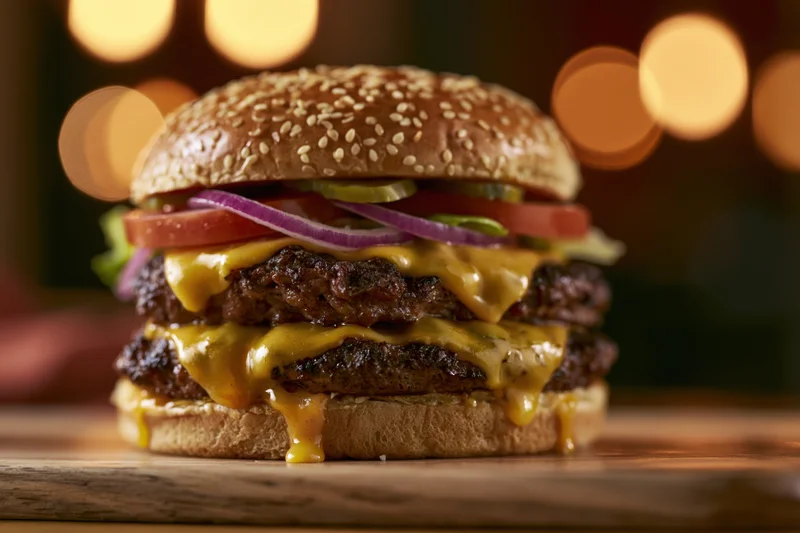 Double cheeseburger with two beef patties and melted american cheese on sesame bun with vegetables on wooden board