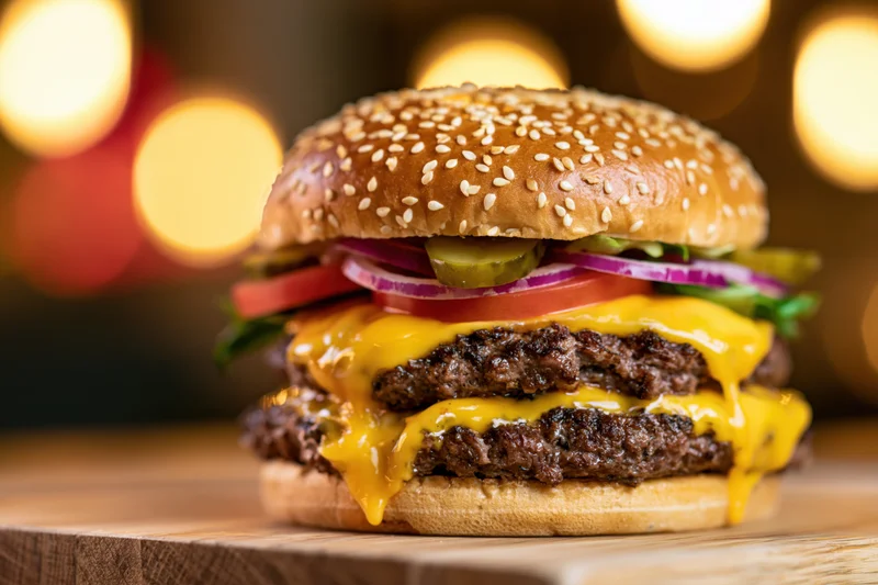 Double cheeseburger with two beef patties and melted american cheese on a sesame bun with tomato, onion, pickle, and lettuce on a wooden board