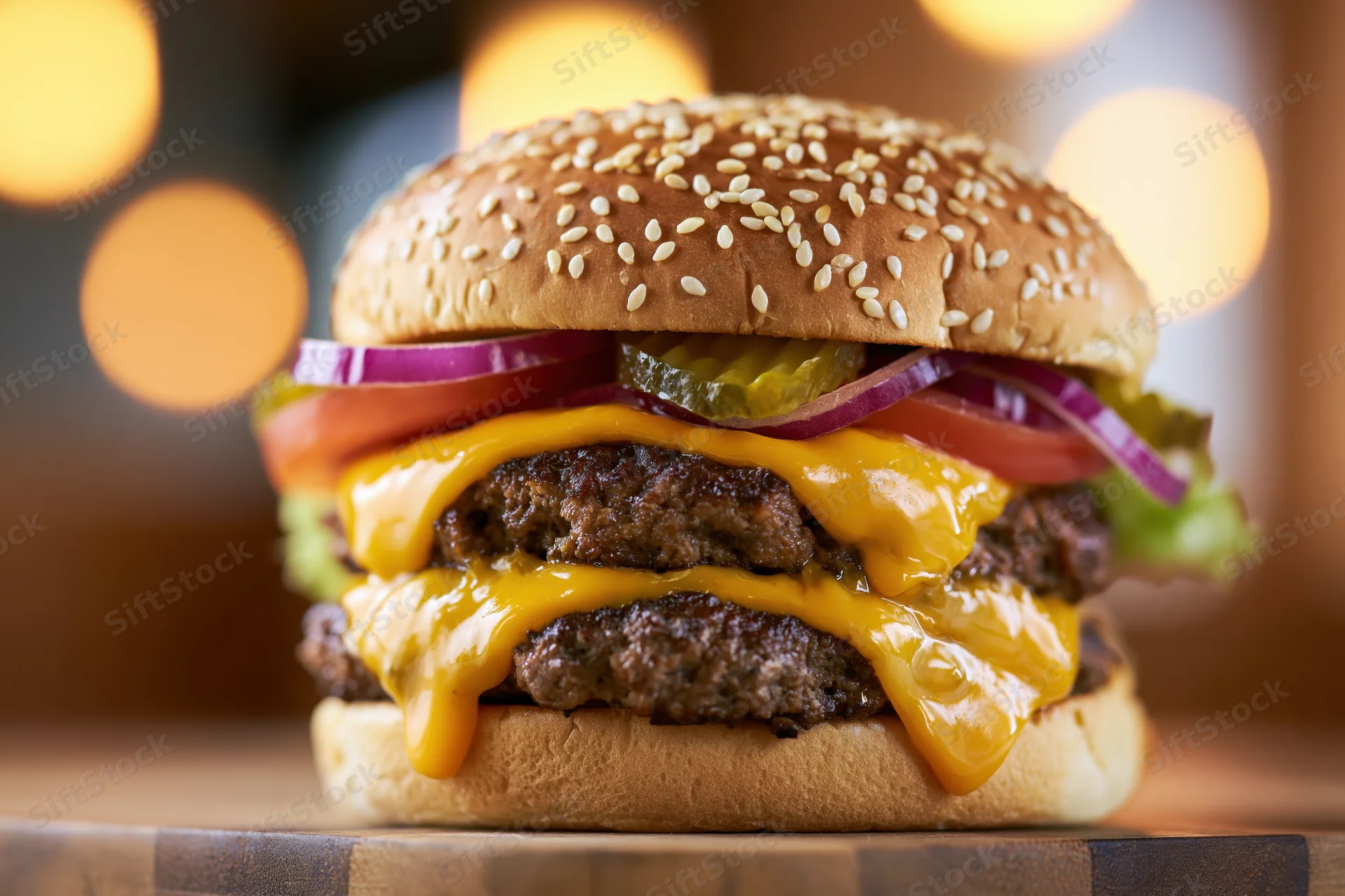 Double cheeseburger with two beef patties and melted american cheese on sesame bun, served on wooden cutting board with blurred warm lights behind