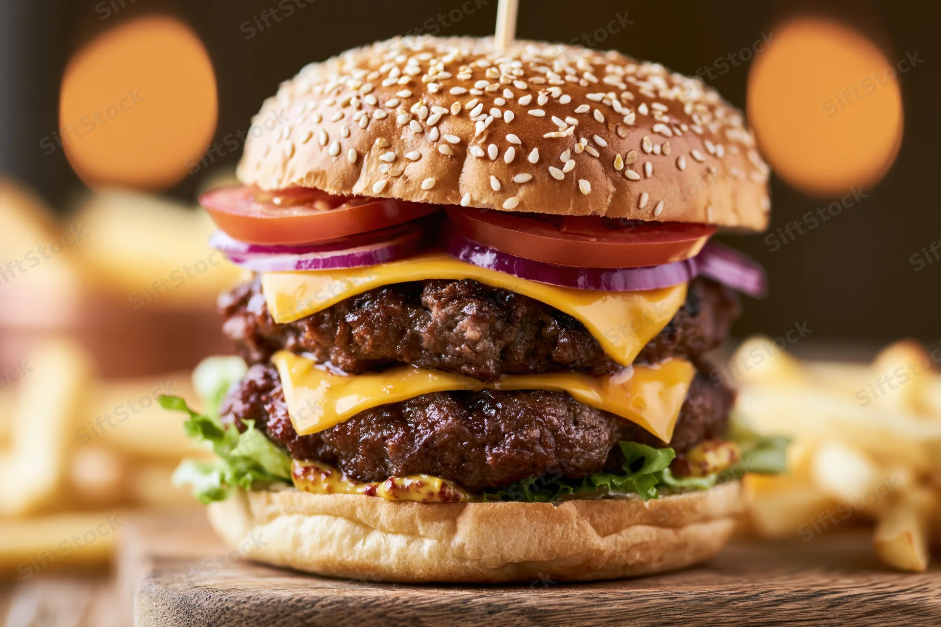 Double cheeseburger with two beef patties and melted cheese on a sesame seed bun with tomato, onion, lettuce, and french fries on a wooden board
