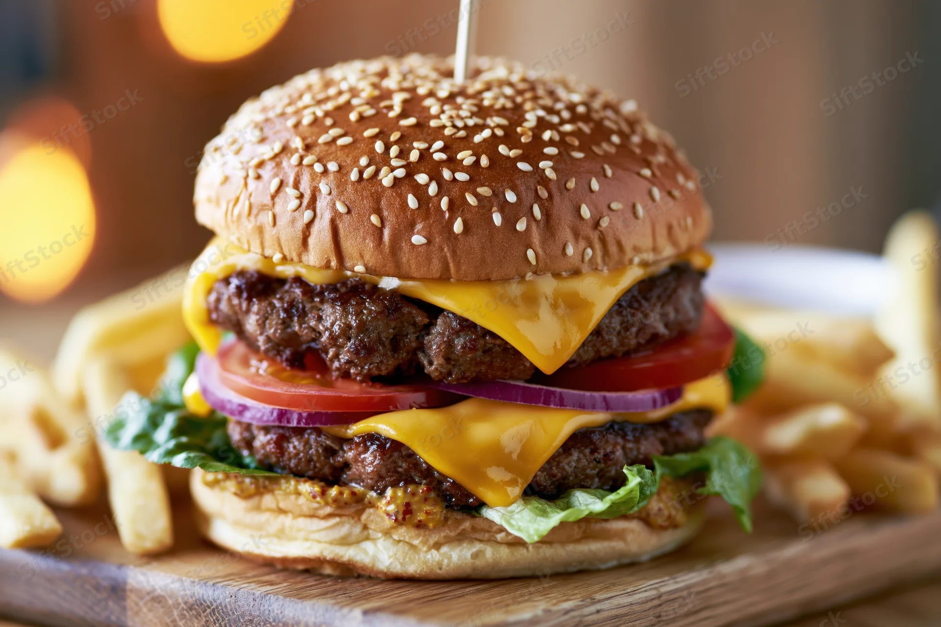 Double cheeseburger with two beef patties and melted cheese on sesame bun served with french fries on wooden board