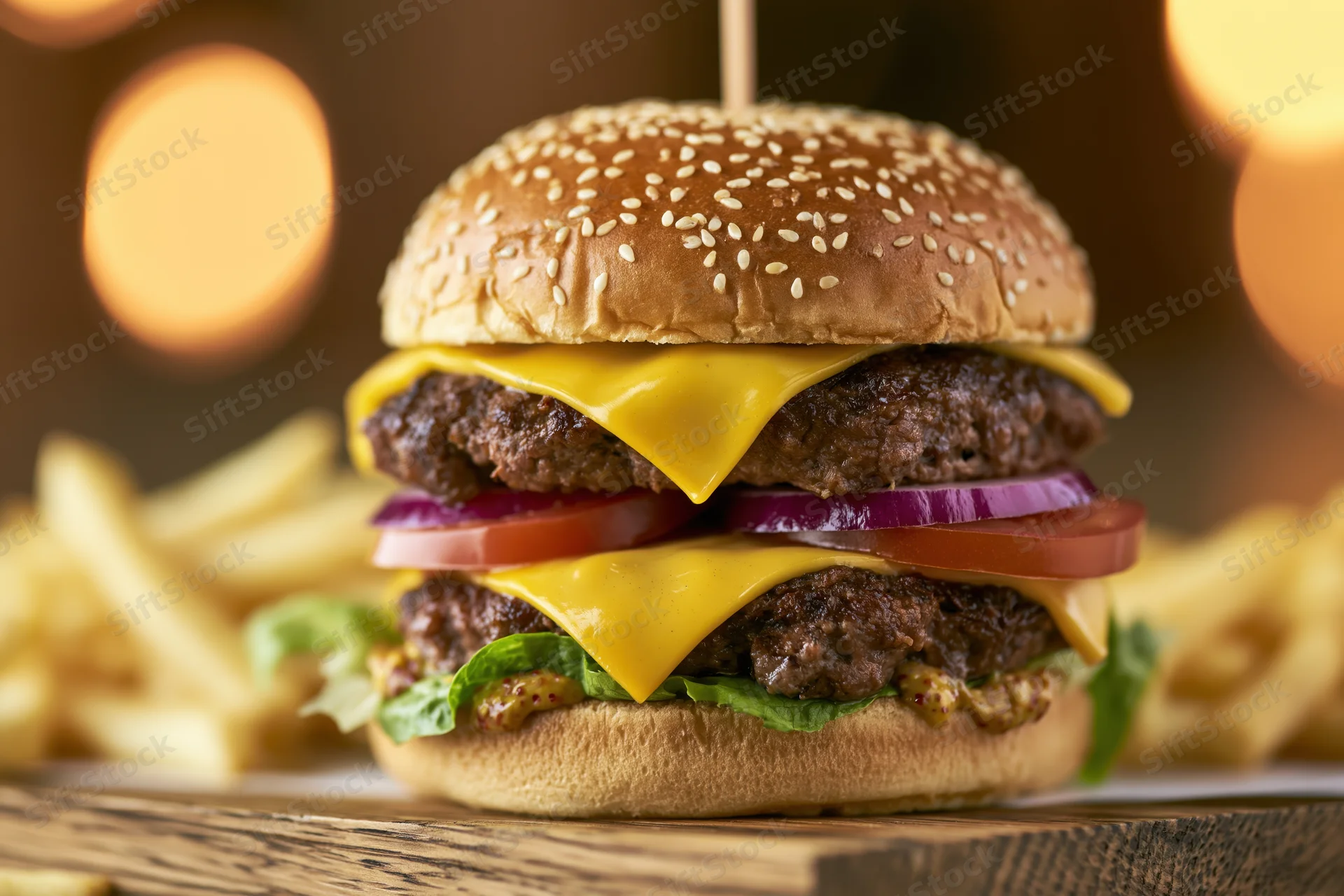 Double cheeseburger with two beef patties and melted cheese on sesame bun with lettuce tomato and onion served with french fries on wooden board
