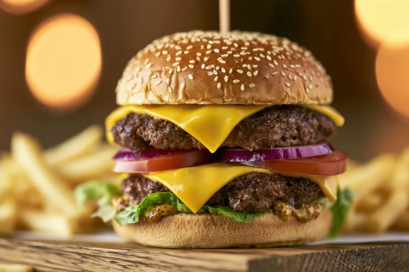 Double cheeseburger with two beef patties and melted cheese on sesame bun with lettuce tomato and onion served with french fries on wooden board
