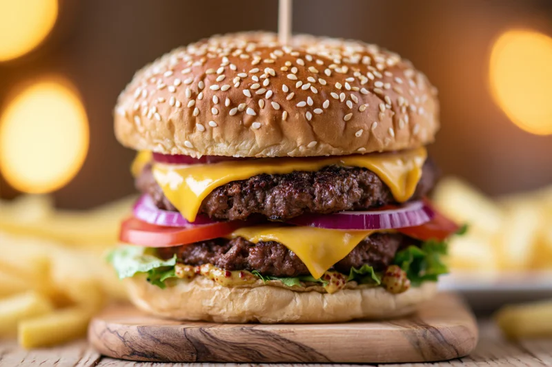 Double cheeseburger with two beef patties and melted cheese on sesame bun served with fries on wooden board