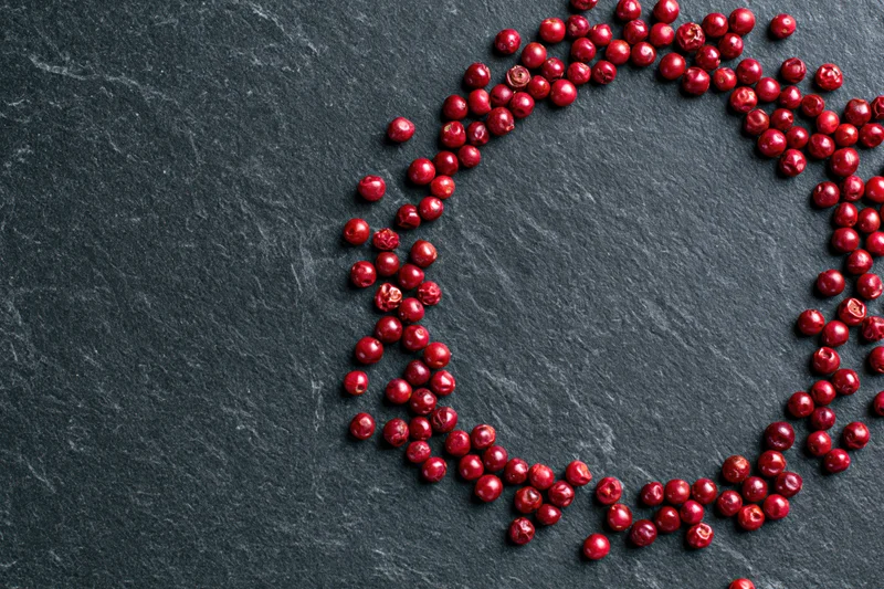 Dried red peppercorns arranged in a loose circular frame on dark slate surface
