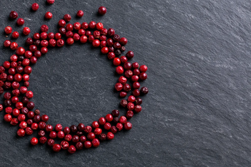 Dried red peppercorns arranged in a loose circular frame on a dark slate surface