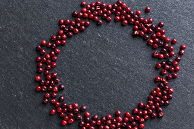 Dried red peppercorns arranged in a loose circular frame on dark slate surface