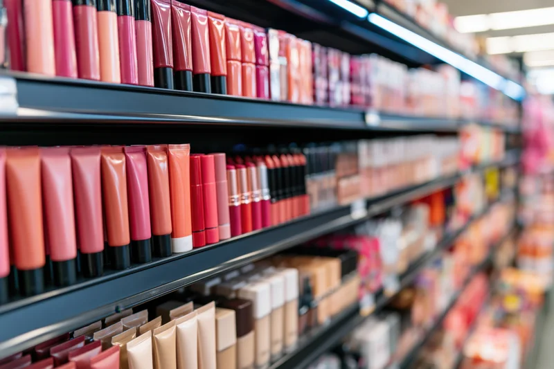 Rows of cosmetics products arranged on shelves in a store aisle