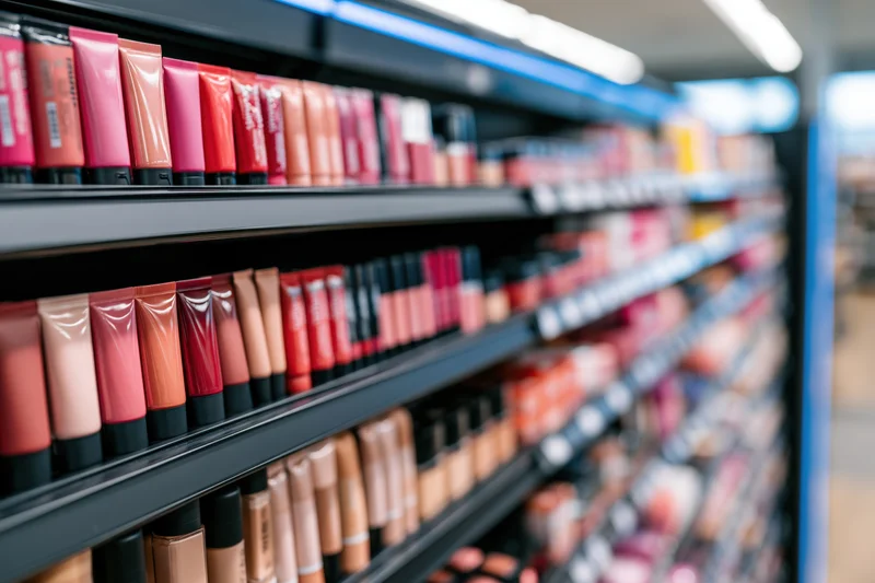 Rows of makeup products arranged on black shelves in a drugstore aisle