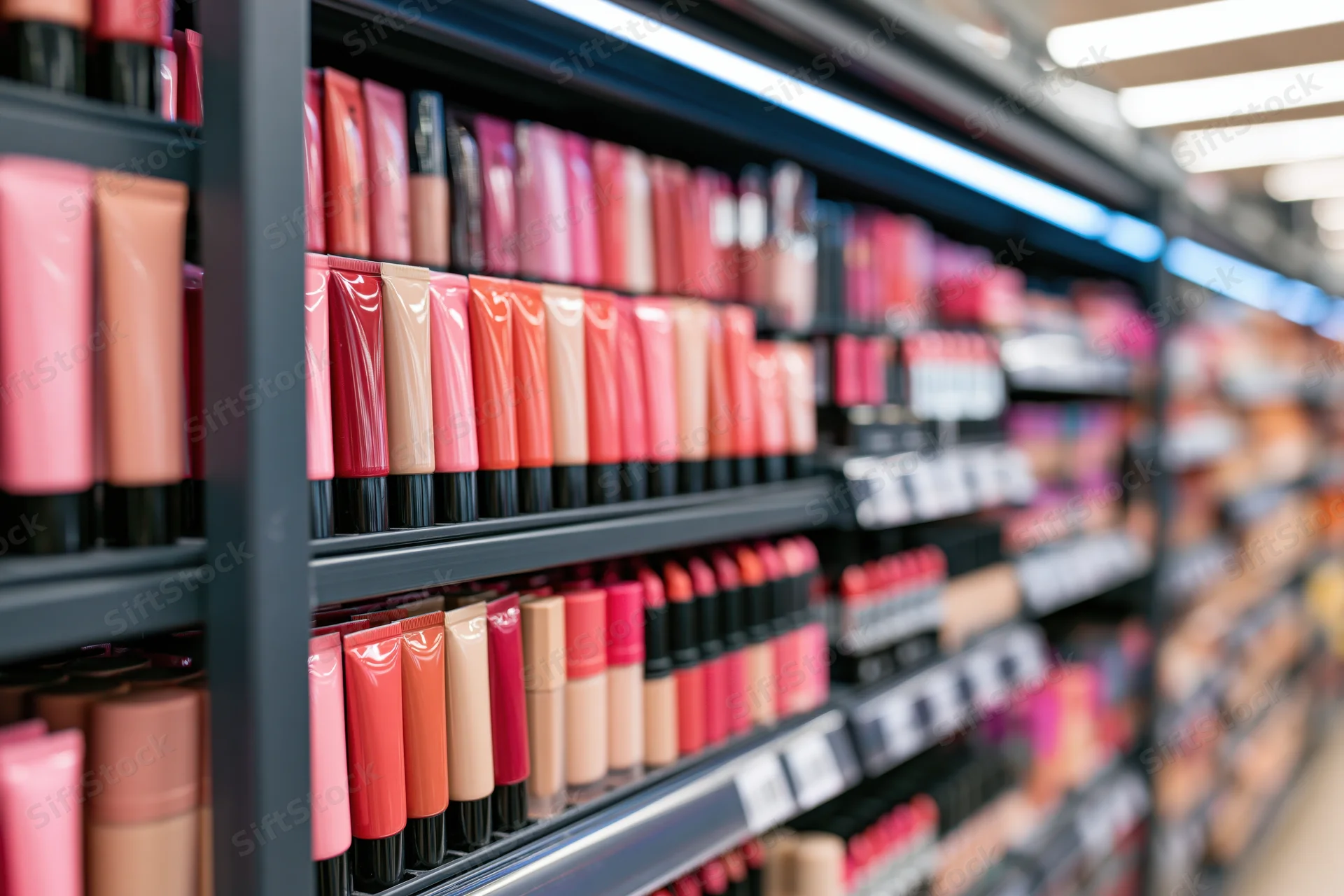Rows of lipsticks in tubes arranged on shelves in a drugstore cosmetics display