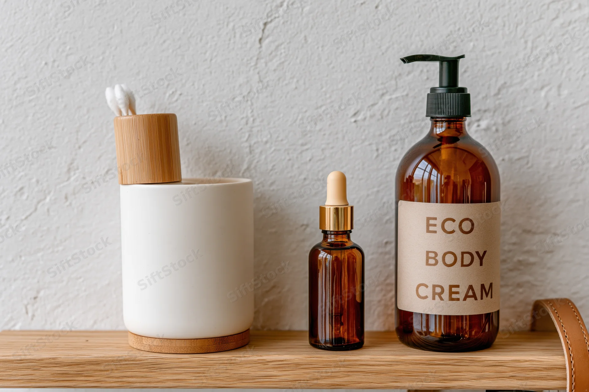 Eco toiletries arranged on a wooden shelf with glass bottles and bamboo accessories