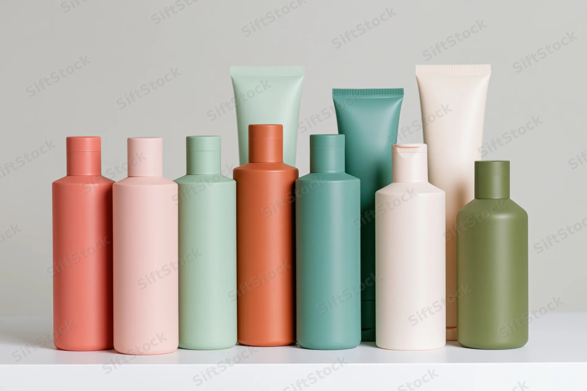 Eight unlabeled skincare bottles and tubes arranged in a row on a white surface