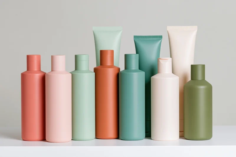 Eight unlabeled skincare bottles and tubes arranged in a row on a white surface