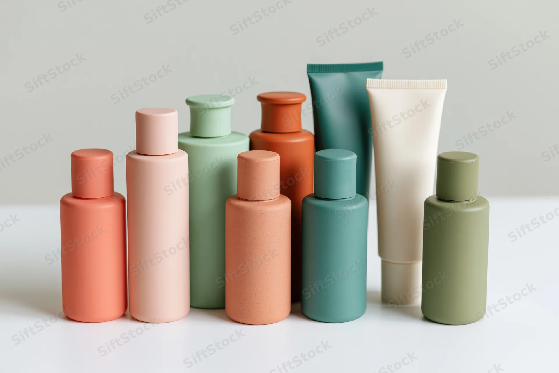 Skincare bottles and tubes arranged in a row on a white surface