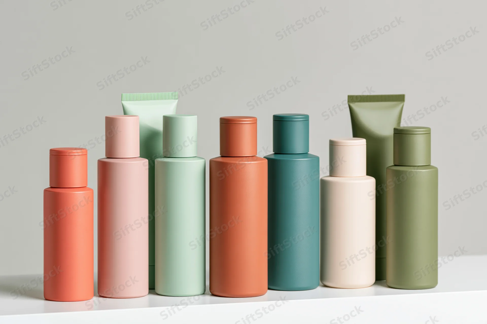 Eight unlabeled skincare bottles and tubes arranged in a row on a white shelf