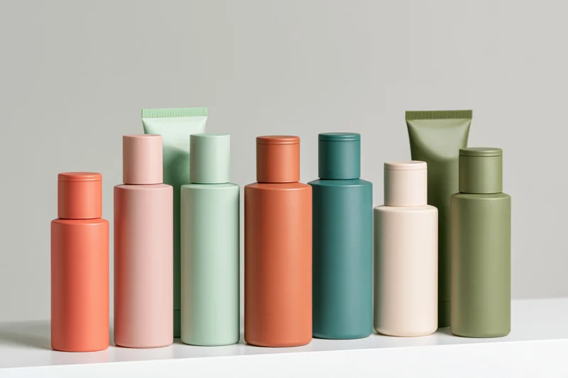 Eight unlabeled skincare bottles and tubes arranged in a row on a white shelf