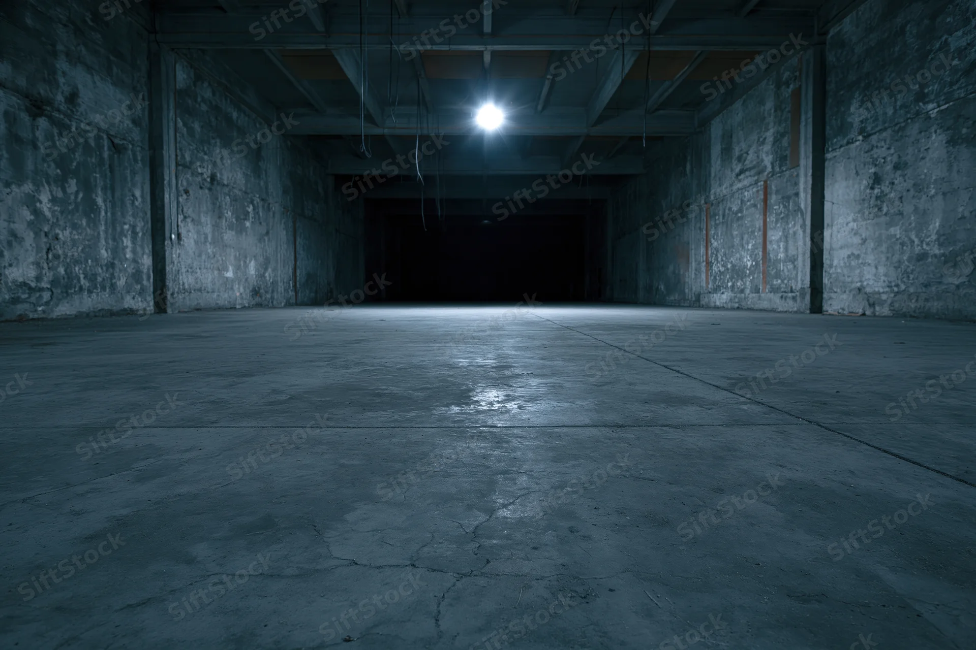 Empty industrial warehouse interior with cracked concrete floor and single overhead light casting long shadows down a dark corridor
