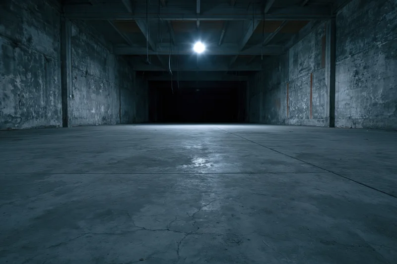 Empty industrial warehouse interior with cracked concrete floor and single overhead light casting long shadows down a dark corridor