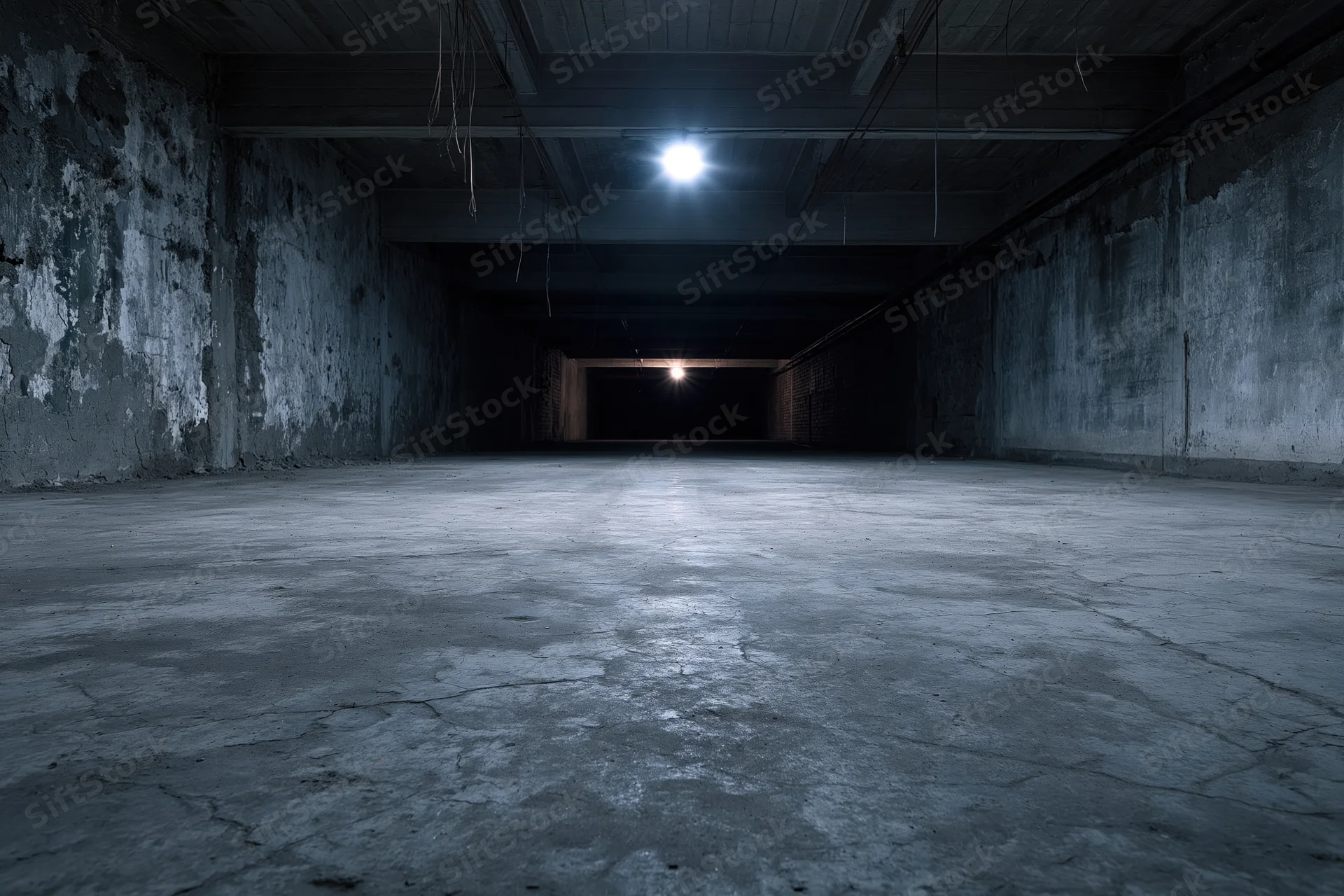 Empty abandoned industrial warehouse interior with concrete floor and ceiling lights in dim lighting