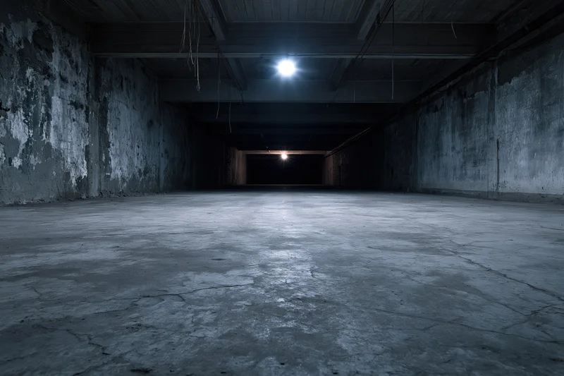 Empty abandoned industrial warehouse interior with concrete floor and ceiling lights in dim lighting