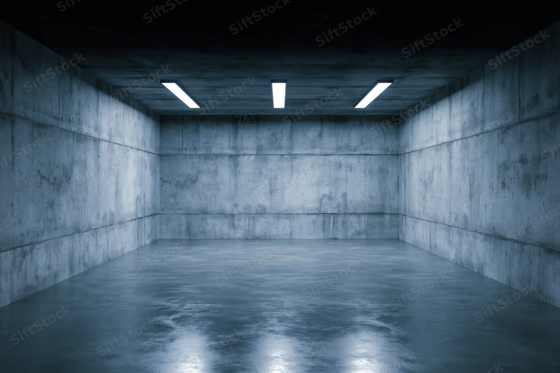Empty concrete room with polished floor and fluorescent lights on ceiling