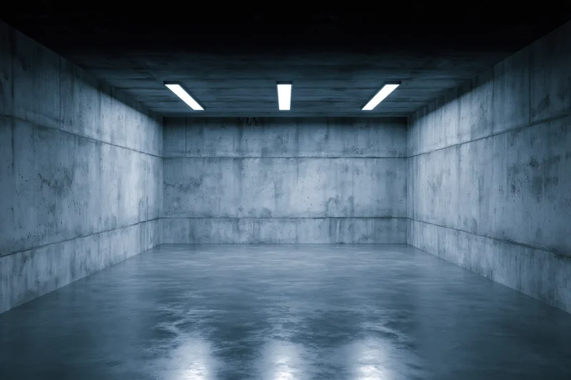 Empty concrete room with polished floor and fluorescent lights on ceiling