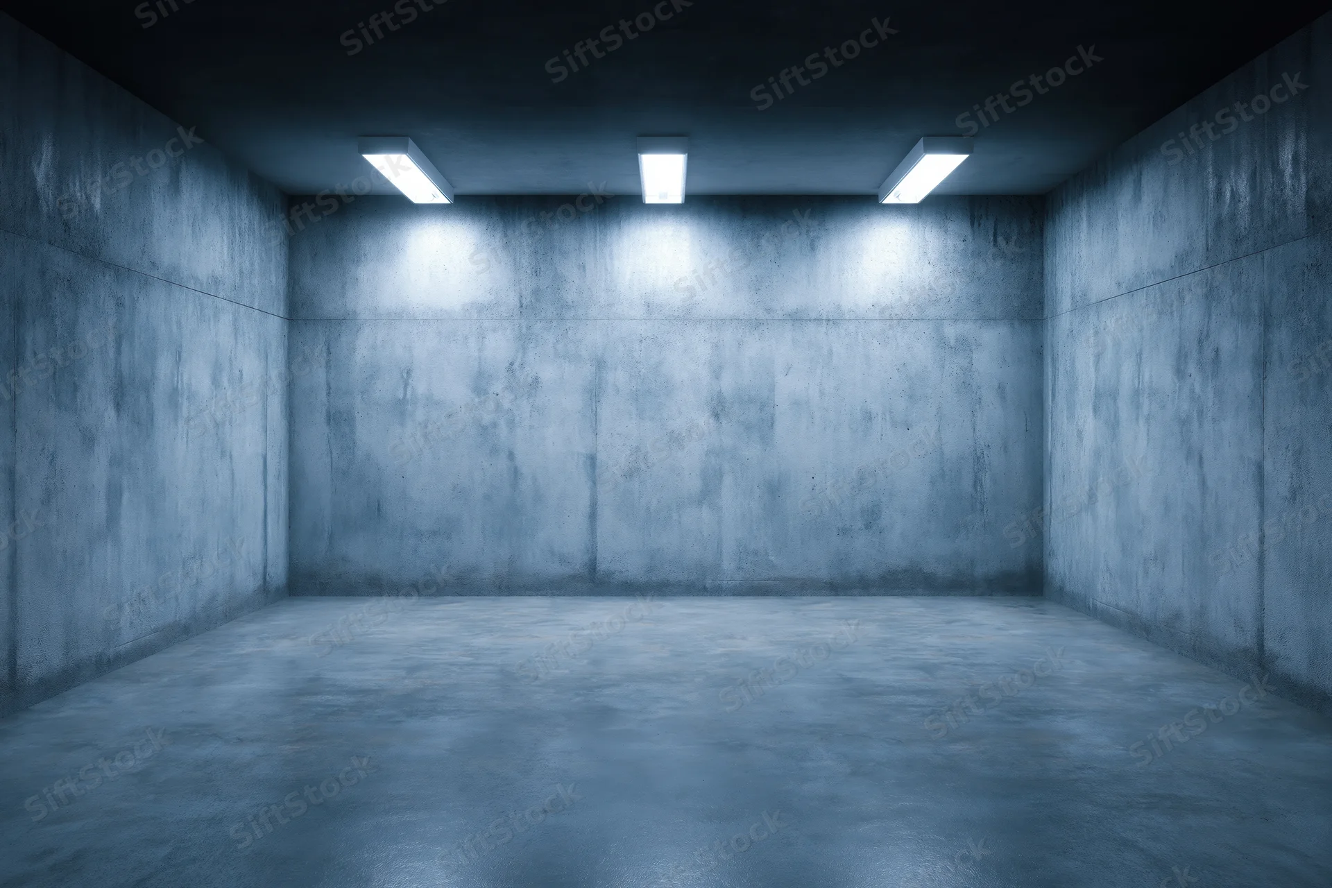 Empty concrete room with polished floor and fluorescent lights on ceiling