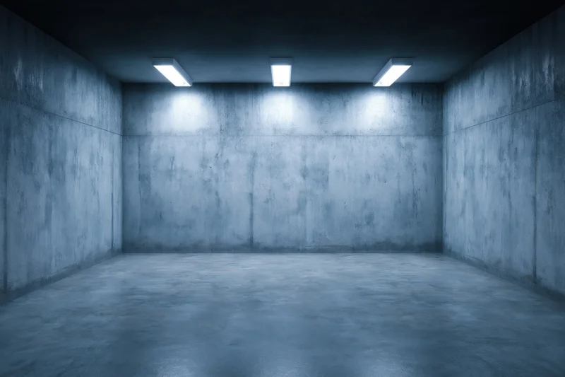 Empty concrete room with polished floor and fluorescent lights on ceiling