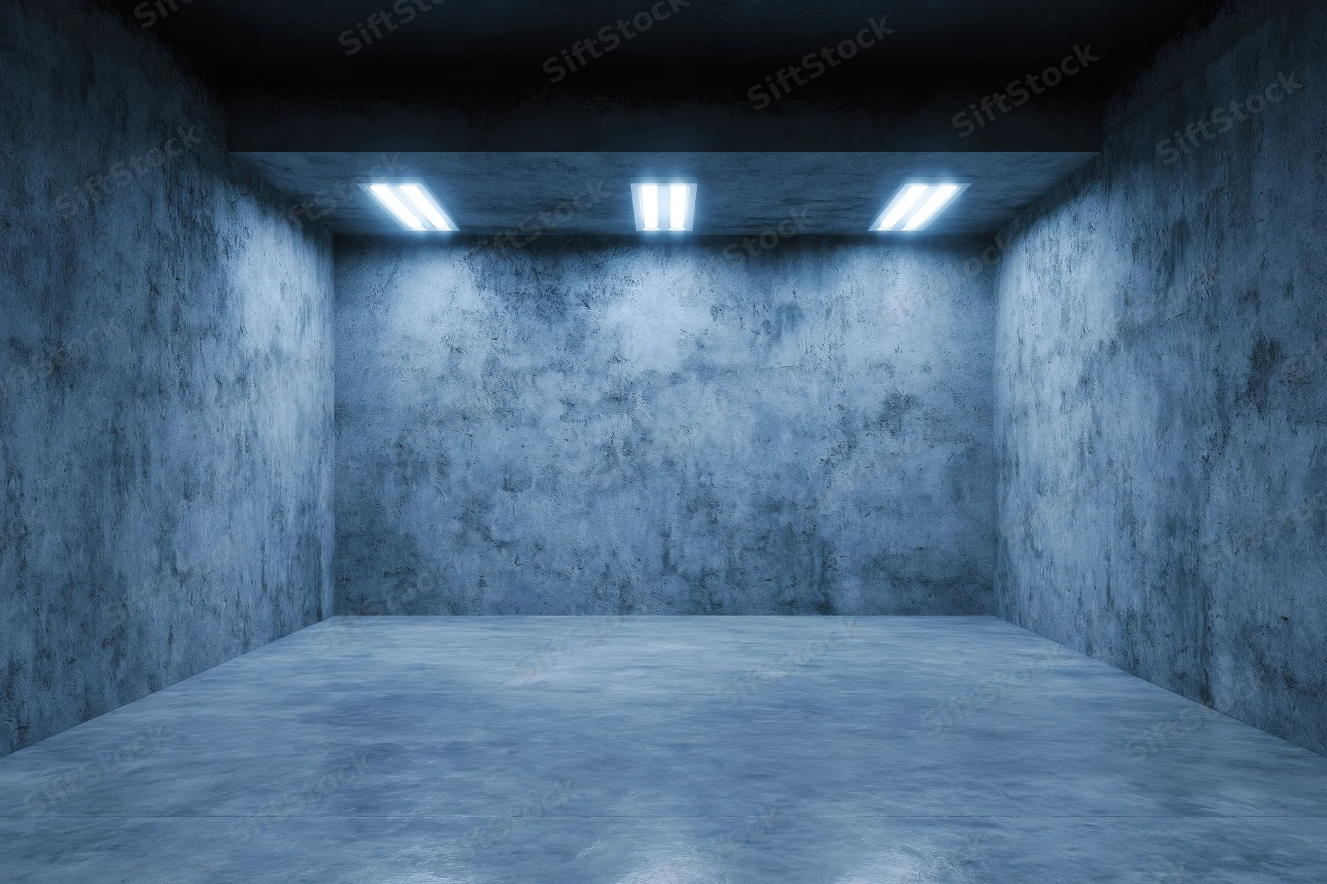 Empty concrete room with bare walls and polished cement floor under fluorescent lights
