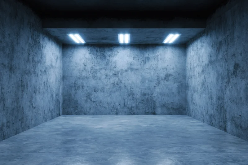 Empty concrete room with bare walls and polished cement floor under fluorescent lights