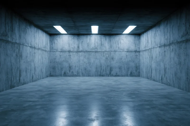 Empty concrete room with polished floor and fluorescent ceiling lights