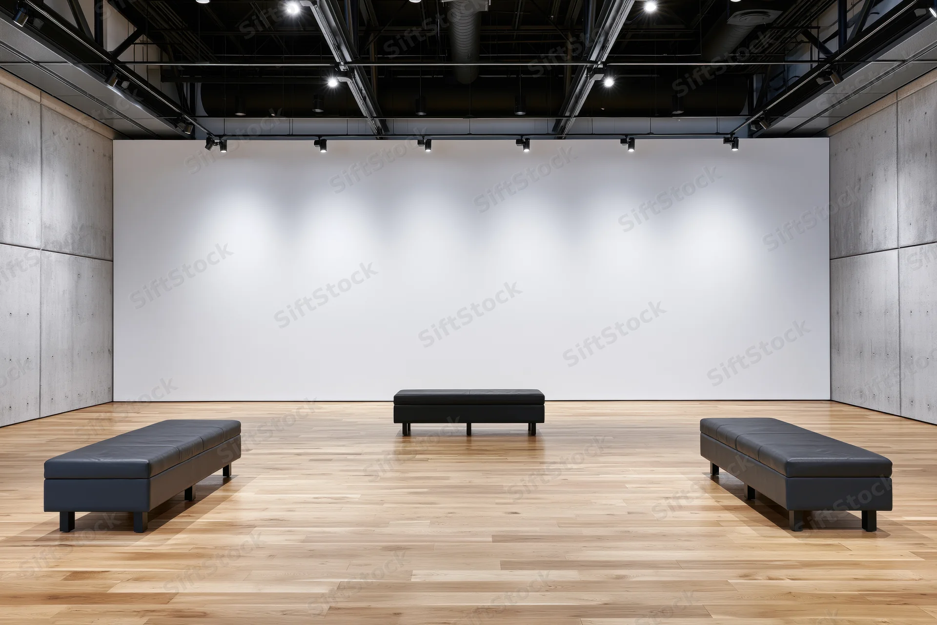Empty contemporary art gallery interior with three black benches on wooden floor and white wall under track lighting