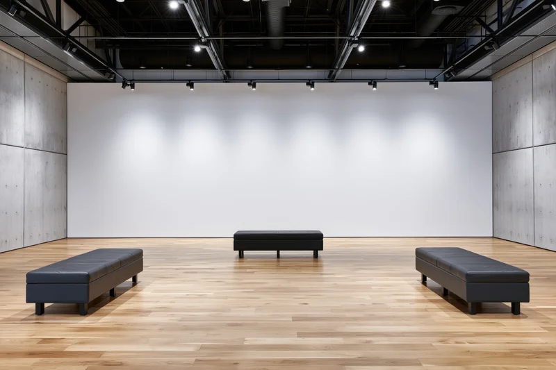 Empty contemporary art gallery interior with three black benches on wooden floor and white wall under track lighting