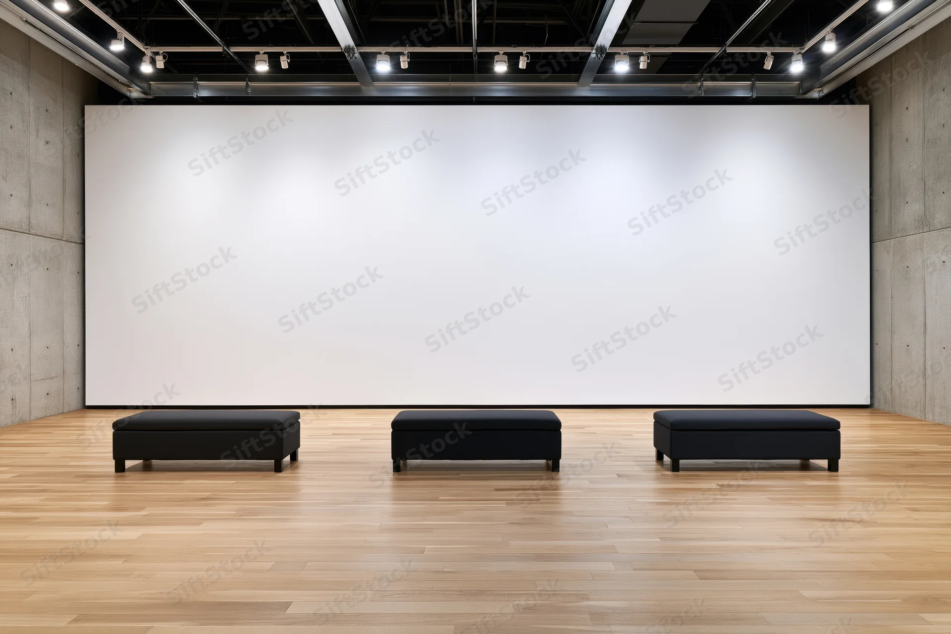 Empty contemporary art gallery interior with large blank white wall and three black benches on wooden floor