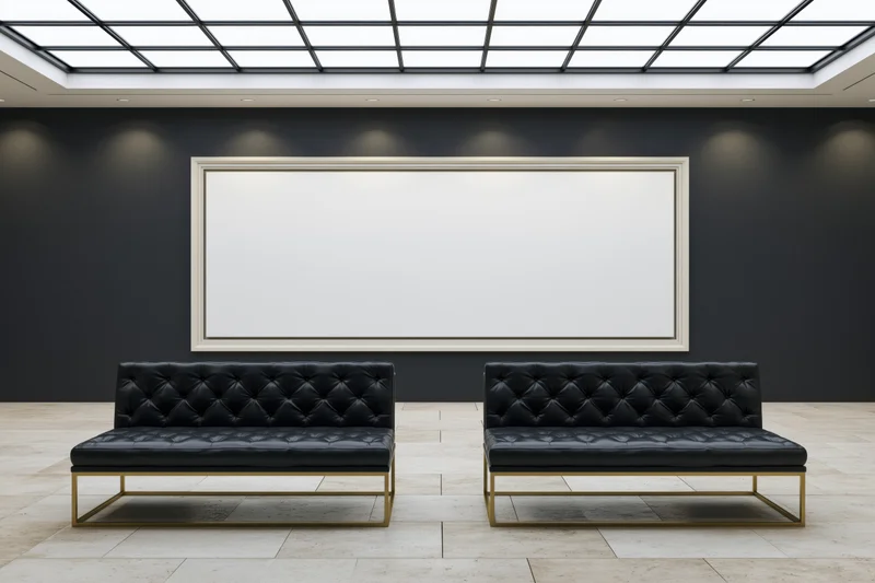 Two black tufted sofas facing a blank white frame in a modern gallery interior