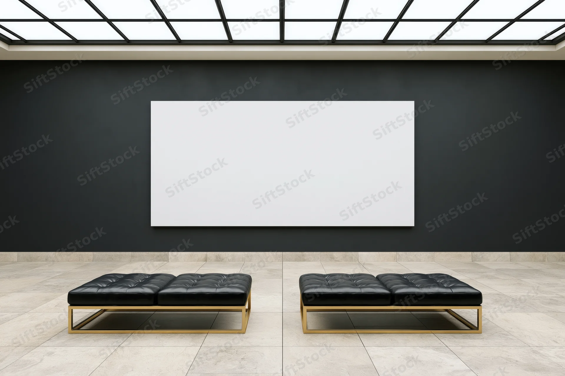 Empty contemporary art gallery interior with two black tufted benches and a blank white canvas on the wall