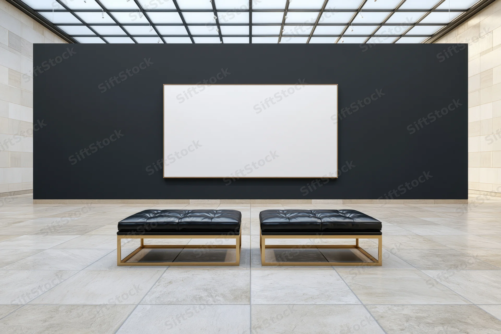 Empty contemporary art gallery with two black tufted benches and blank white canvas on dark wall