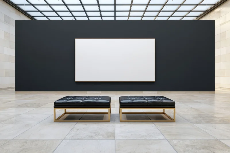 Empty contemporary art gallery with two black tufted benches and blank white canvas on dark wall