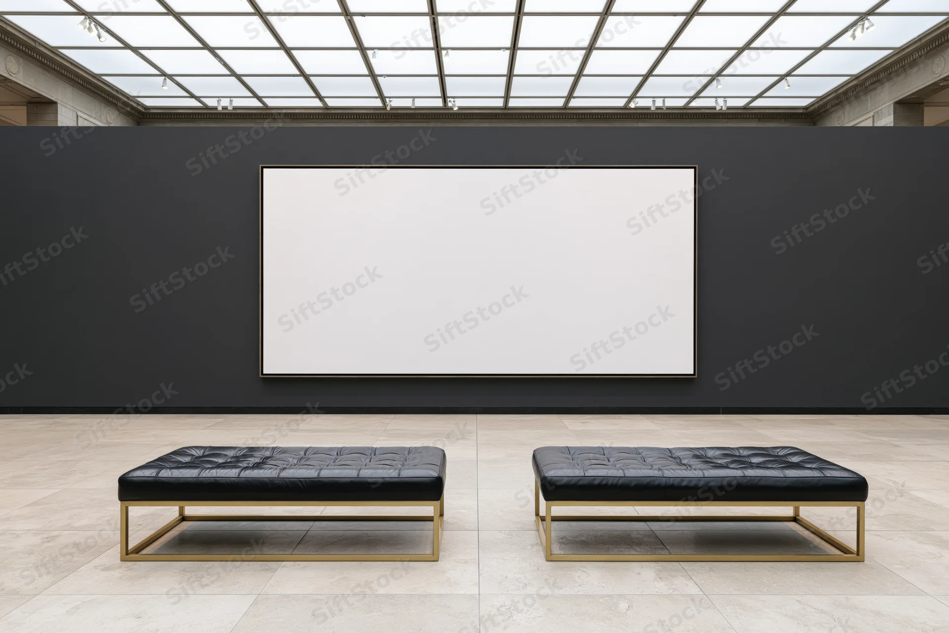 Empty contemporary art gallery with two black tufted benches and a blank white canvas on the wall