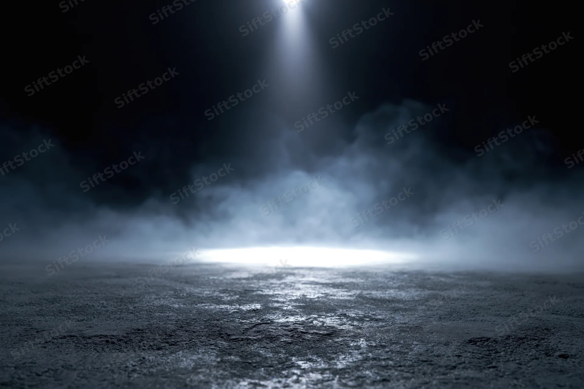 Spotlight beam on dark concrete floor with fog, creating dramatic stage ambiance