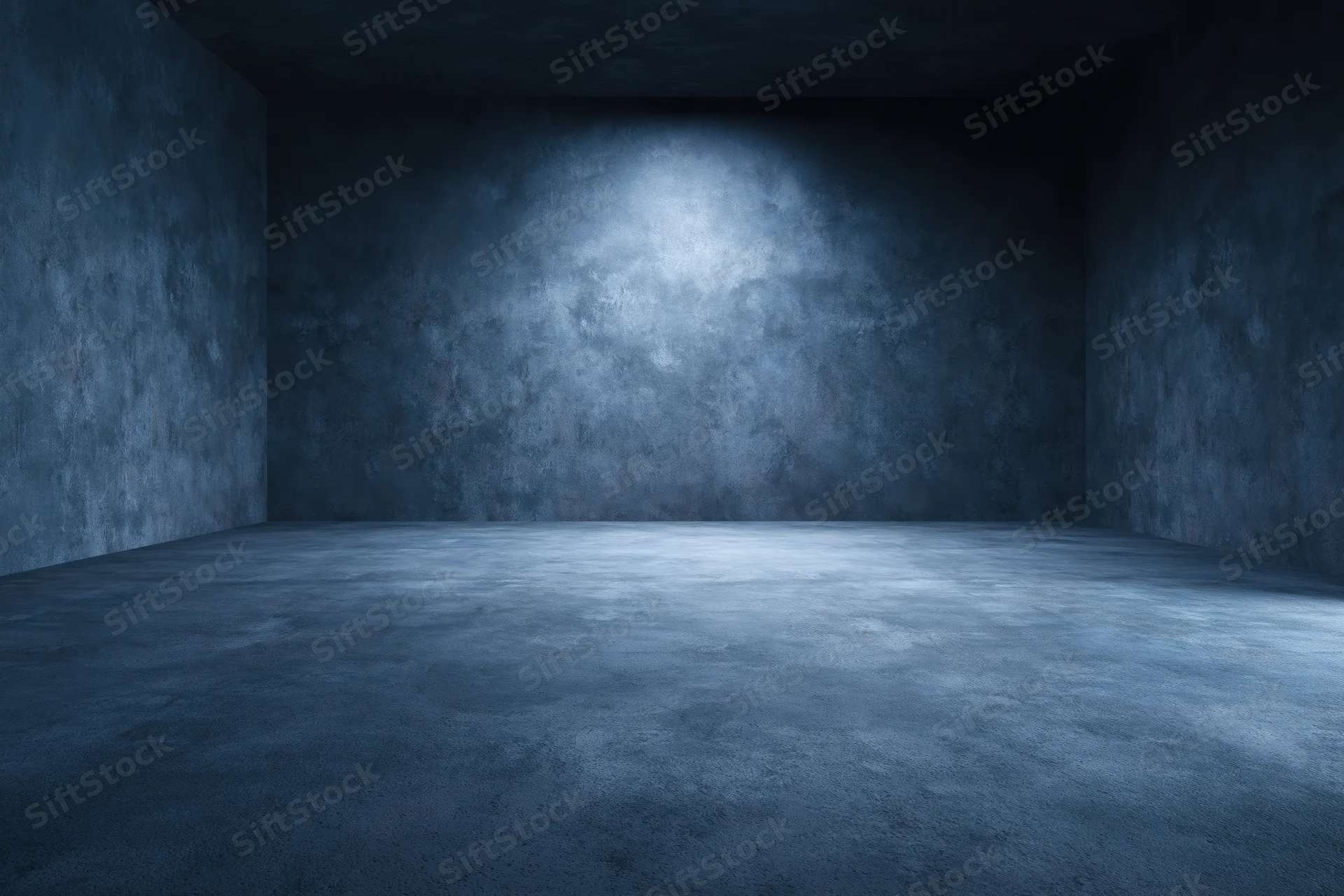 Empty dark concrete room interior with spotlight on back wall
