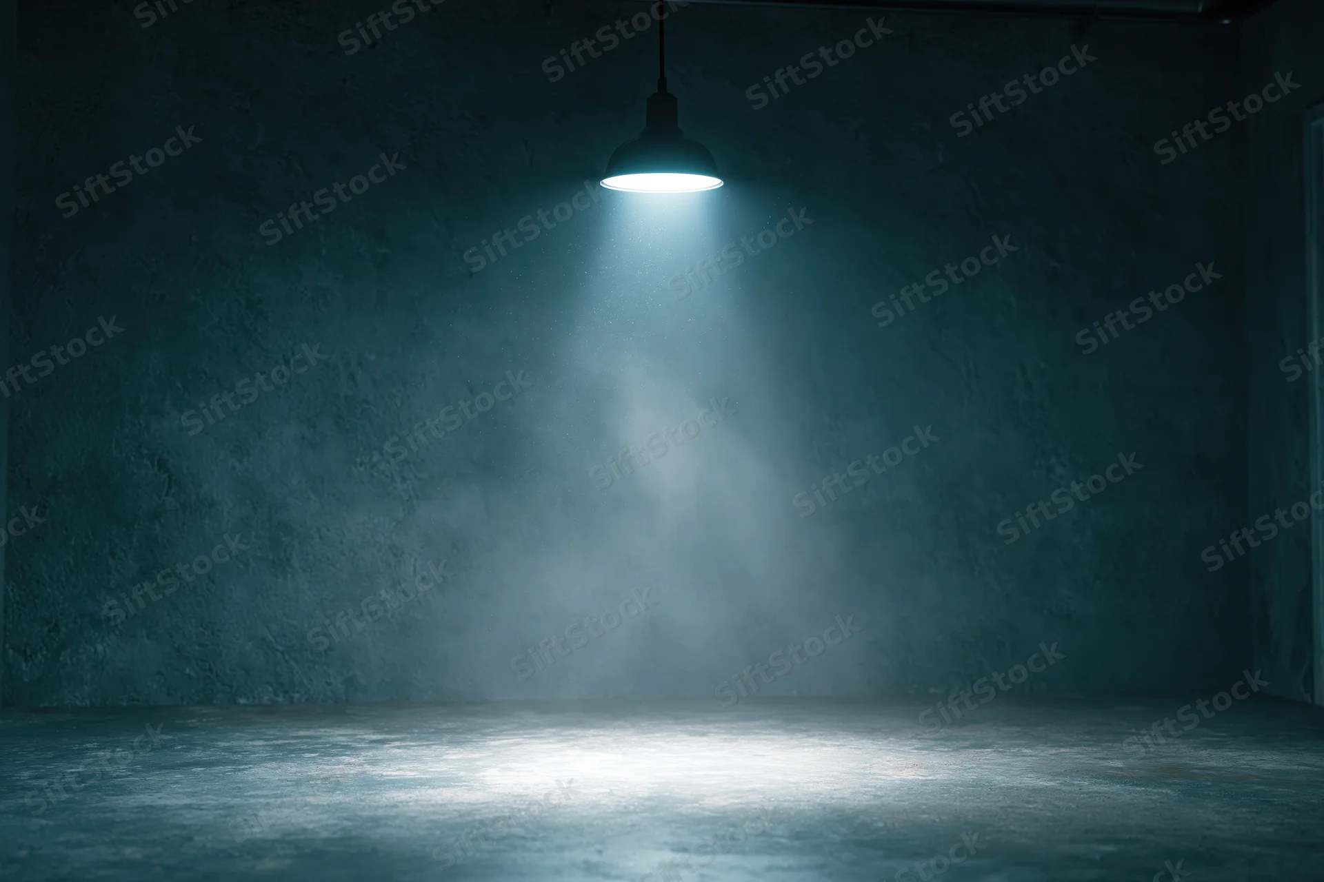Single pendant spotlight illuminating an empty dark concrete room